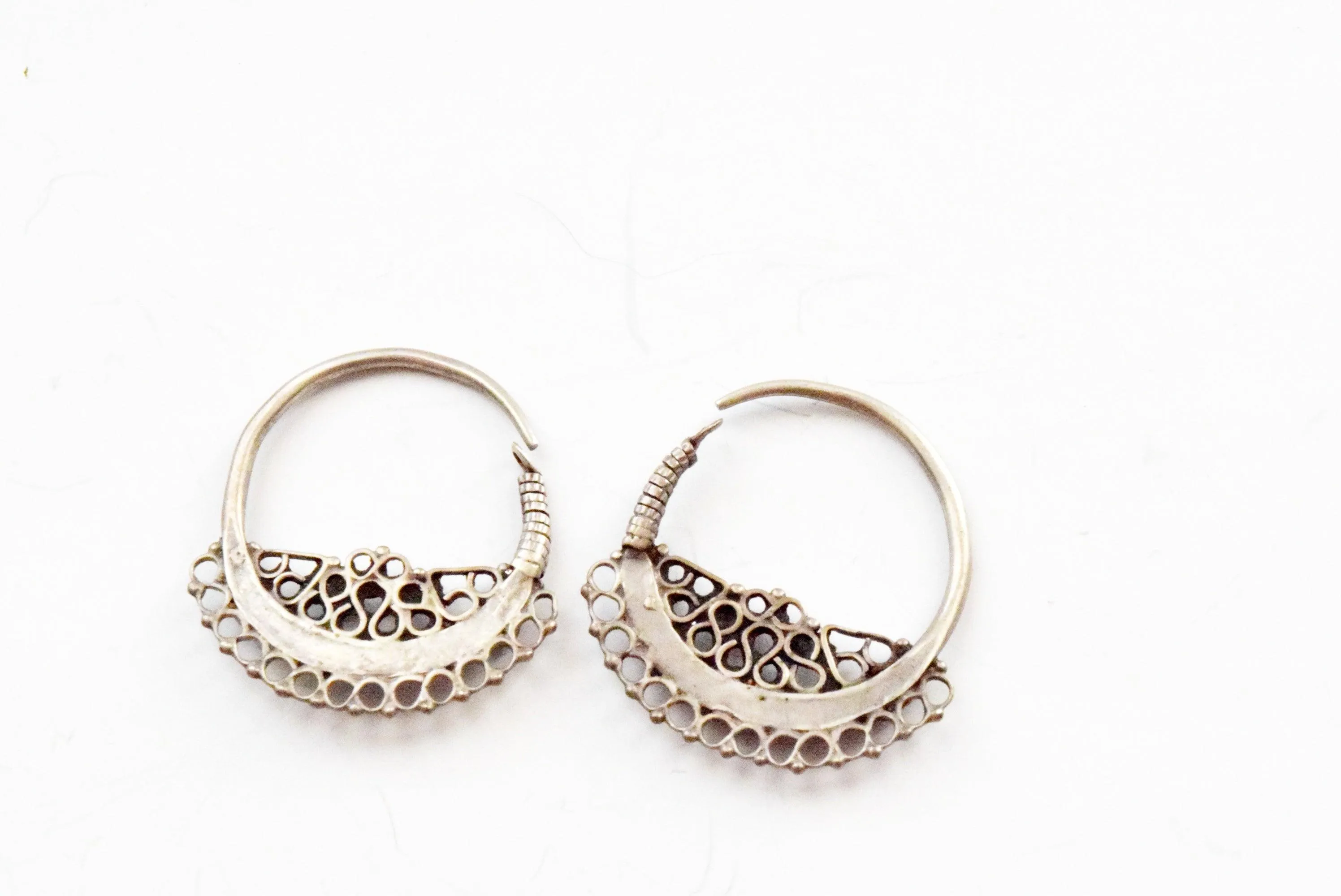 Vintage Small Silver Pashtun Hoop Earrings with Blue Stones