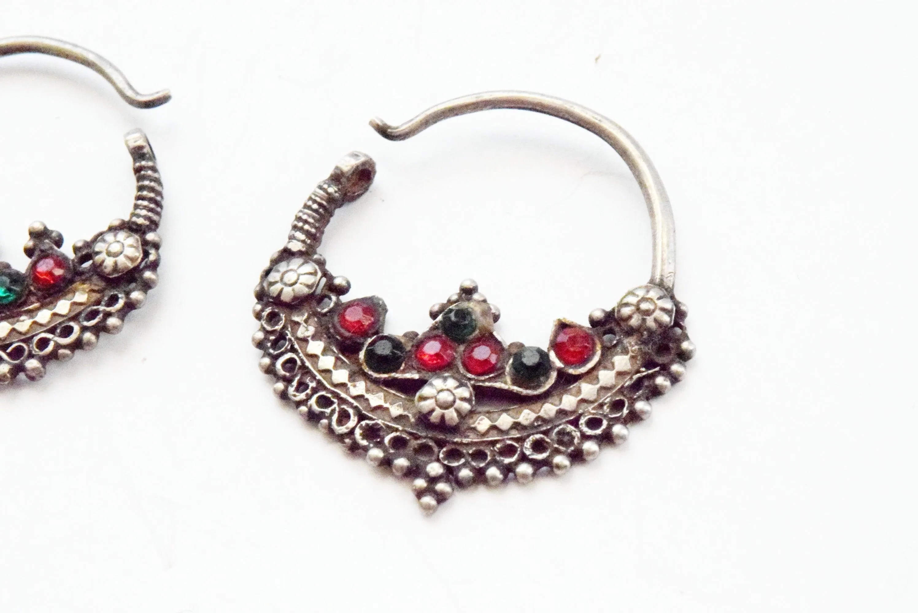 Vintage Small Silver Pashtun Hoop Earrings with Red and Green Paste