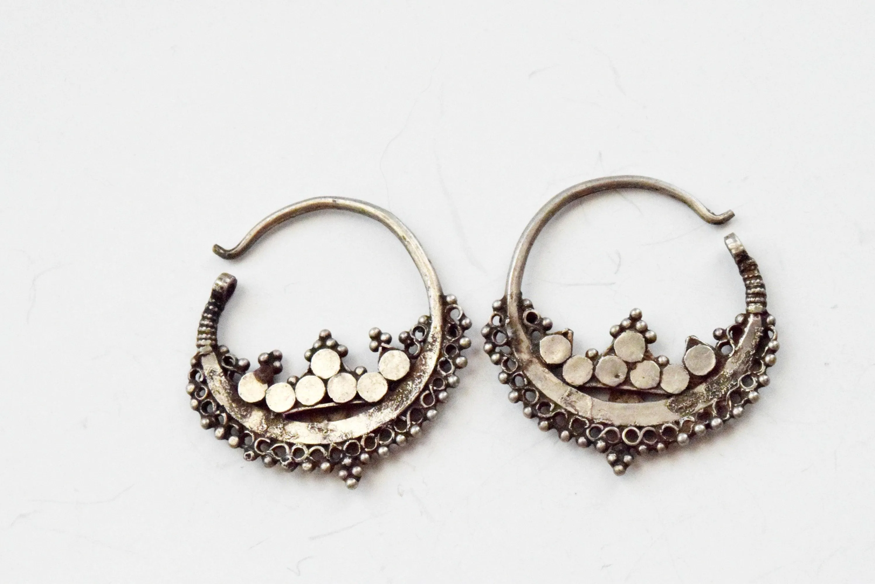 Vintage Small Silver Pashtun Hoop Earrings with Red and Green Paste