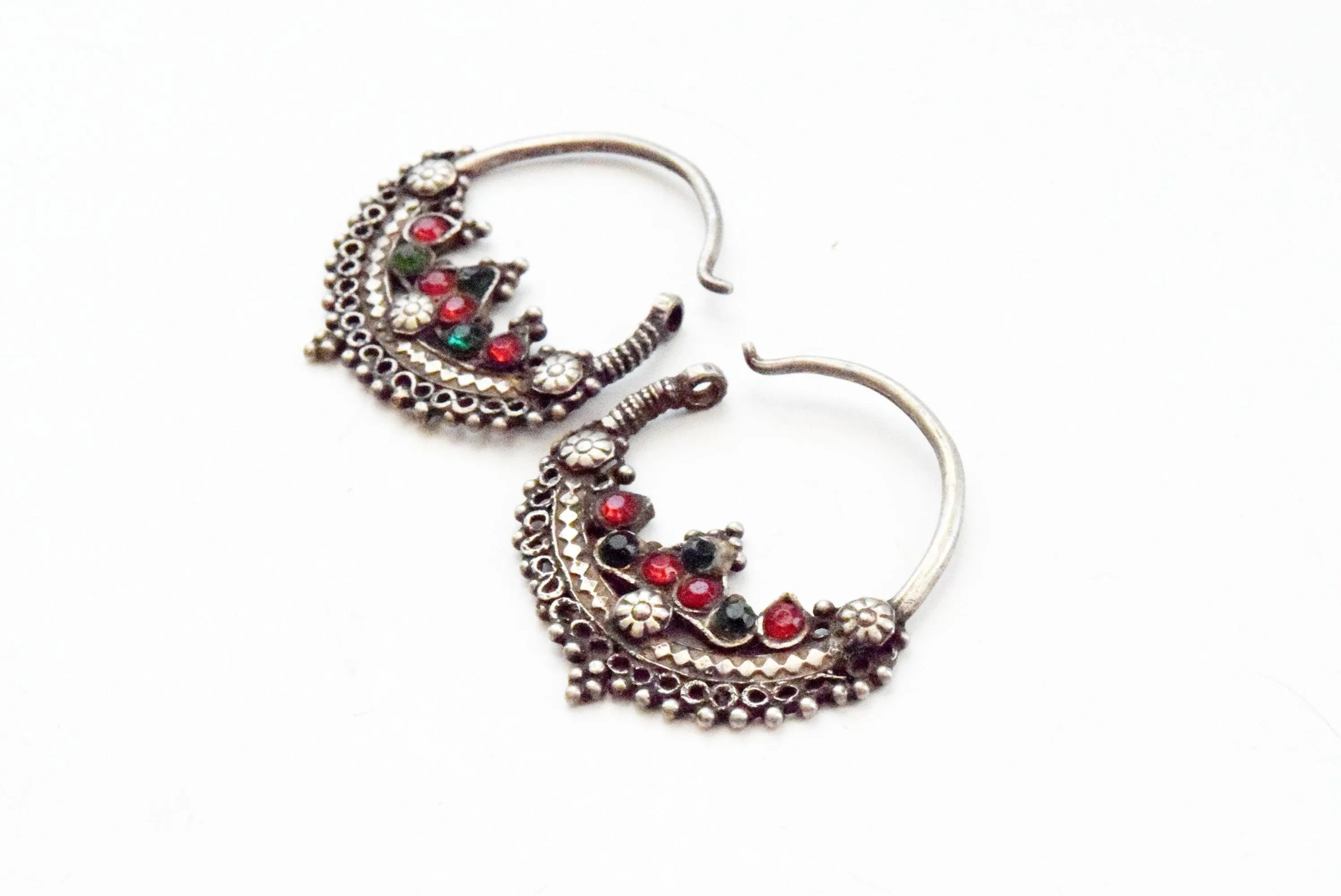 Vintage Small Silver Pashtun Hoop Earrings with Red and Green Paste