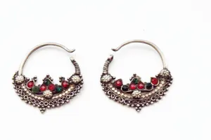 Vintage Small Silver Pashtun Hoop Earrings with Red and Green Paste