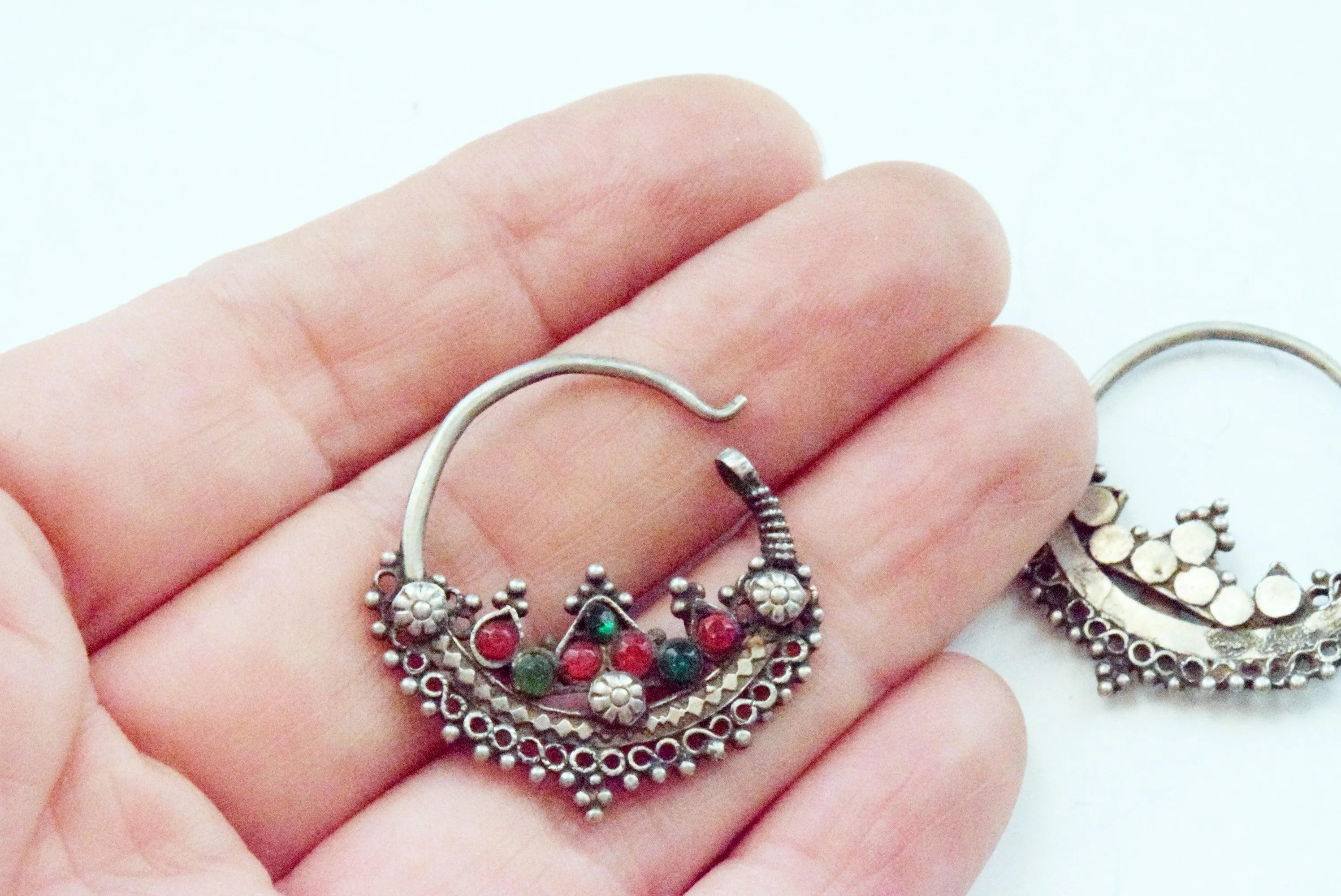 Vintage Small Silver Pashtun Hoop Earrings with Red and Green Paste