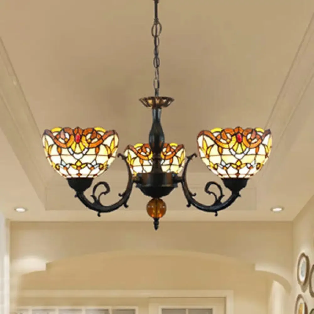 Vintage Stained Glass Chandelier with 3 Lights and Chain - Beige Bowl Shade, Perfect for Bedroom Lighting
