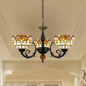 Vintage Stained Glass Chandelier with 3 Lights and Chain - Beige Bowl Shade, Perfect for Bedroom Lighting