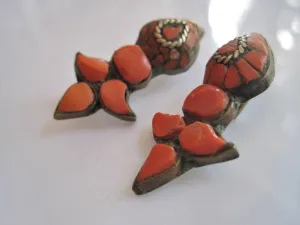 Vintage Tibet Earrings Coral Colored Stone