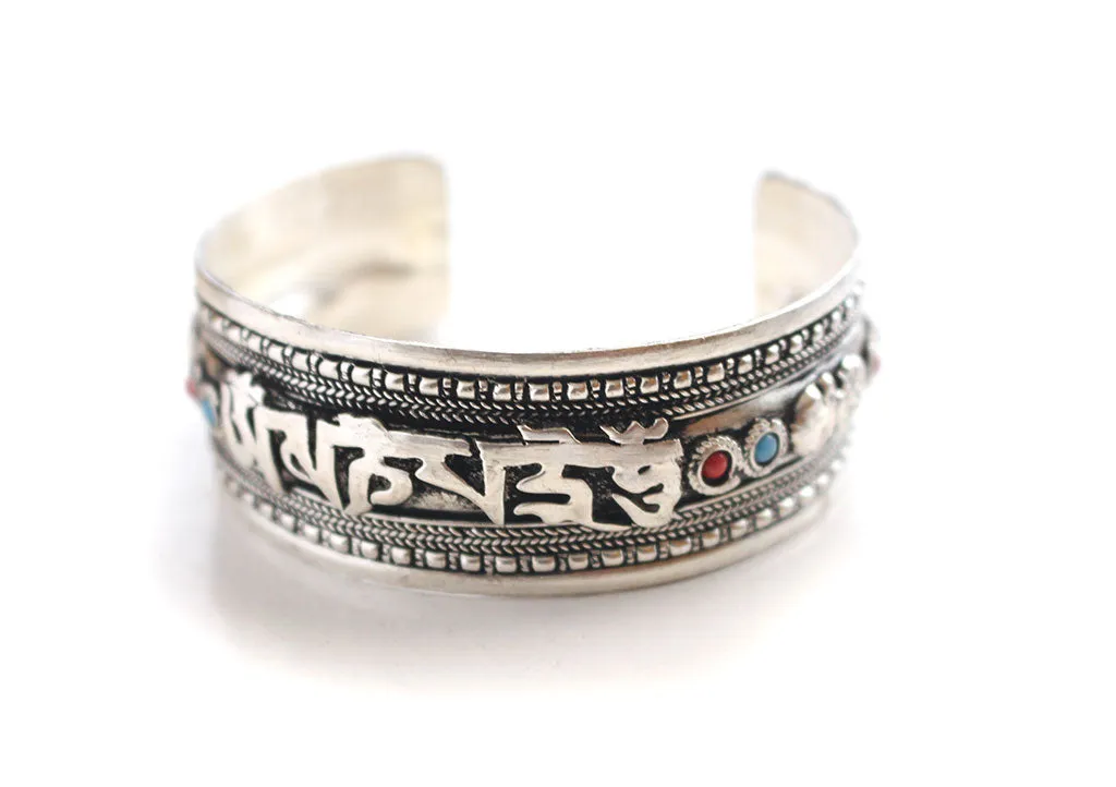 White Metal Silver Plated Om Mani Encarved Cuff Bracelet