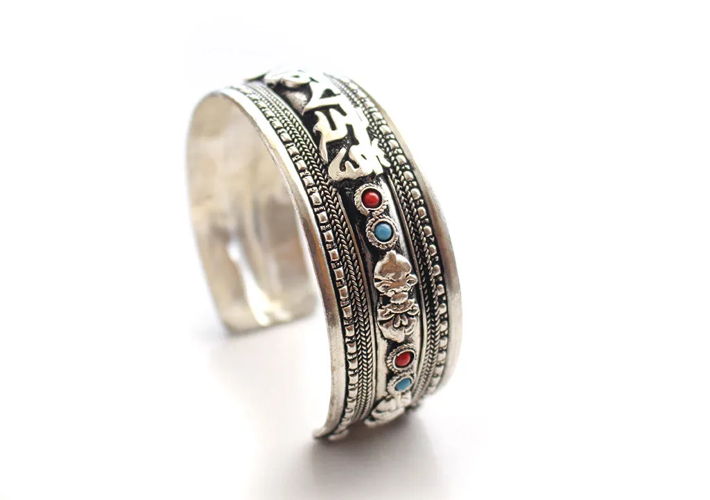 White Metal Silver Plated Om Mani Encarved Cuff Bracelet