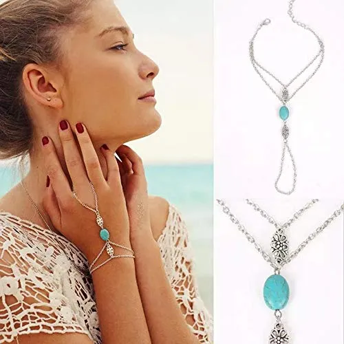 Yellow Chimes Elegant Turquoise Blue Oval Stone Boho Ring Bracelet Vintage Style Slave Chain Hand Harness Bracelet for Women and Girls